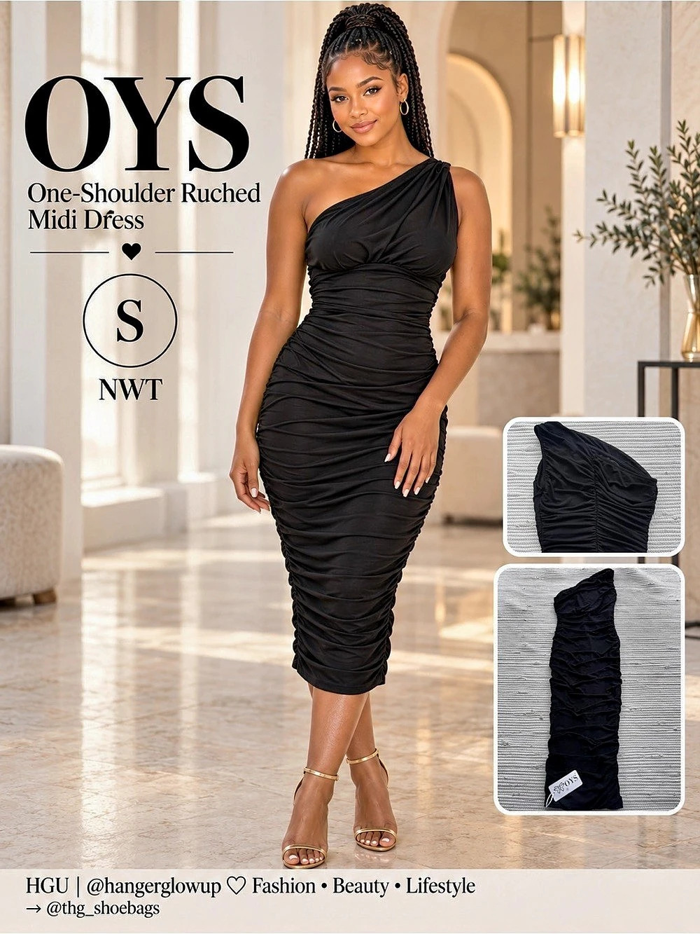 OYS One Shoulder Ruched Mesh Bodycon Midi Dress Black Size S NWT